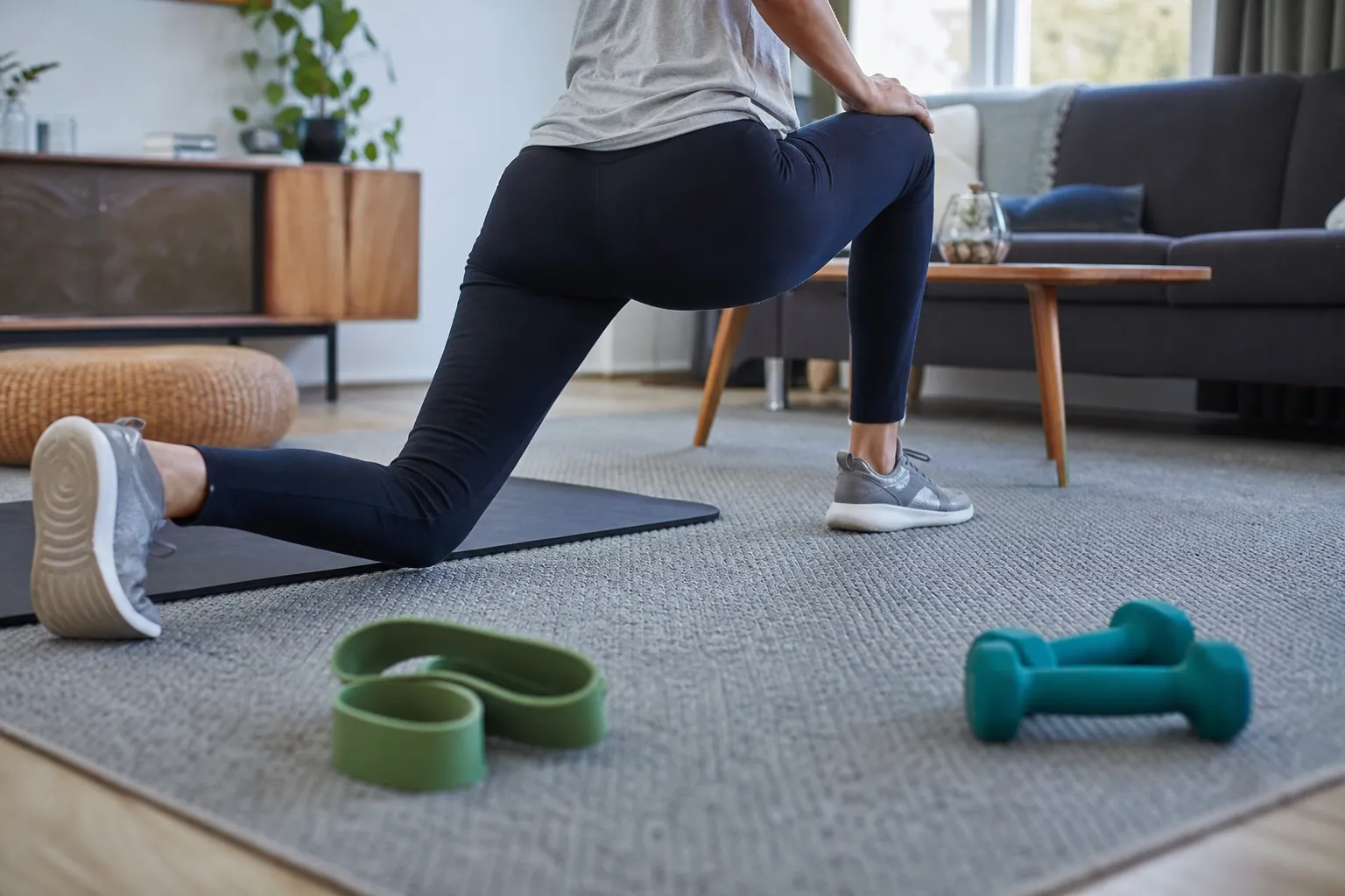 Tapis de sol, élastique de fitness et petits poids libres dans un salon, personne en étirement