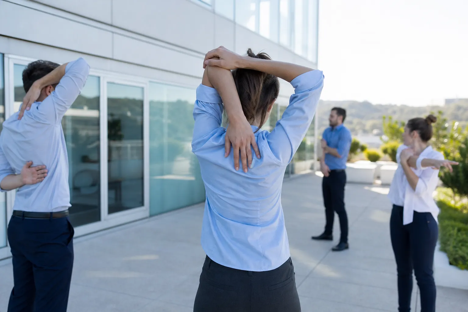Petit groupe en tenue de bureau faisant une pause active debout dans un espace lumineux