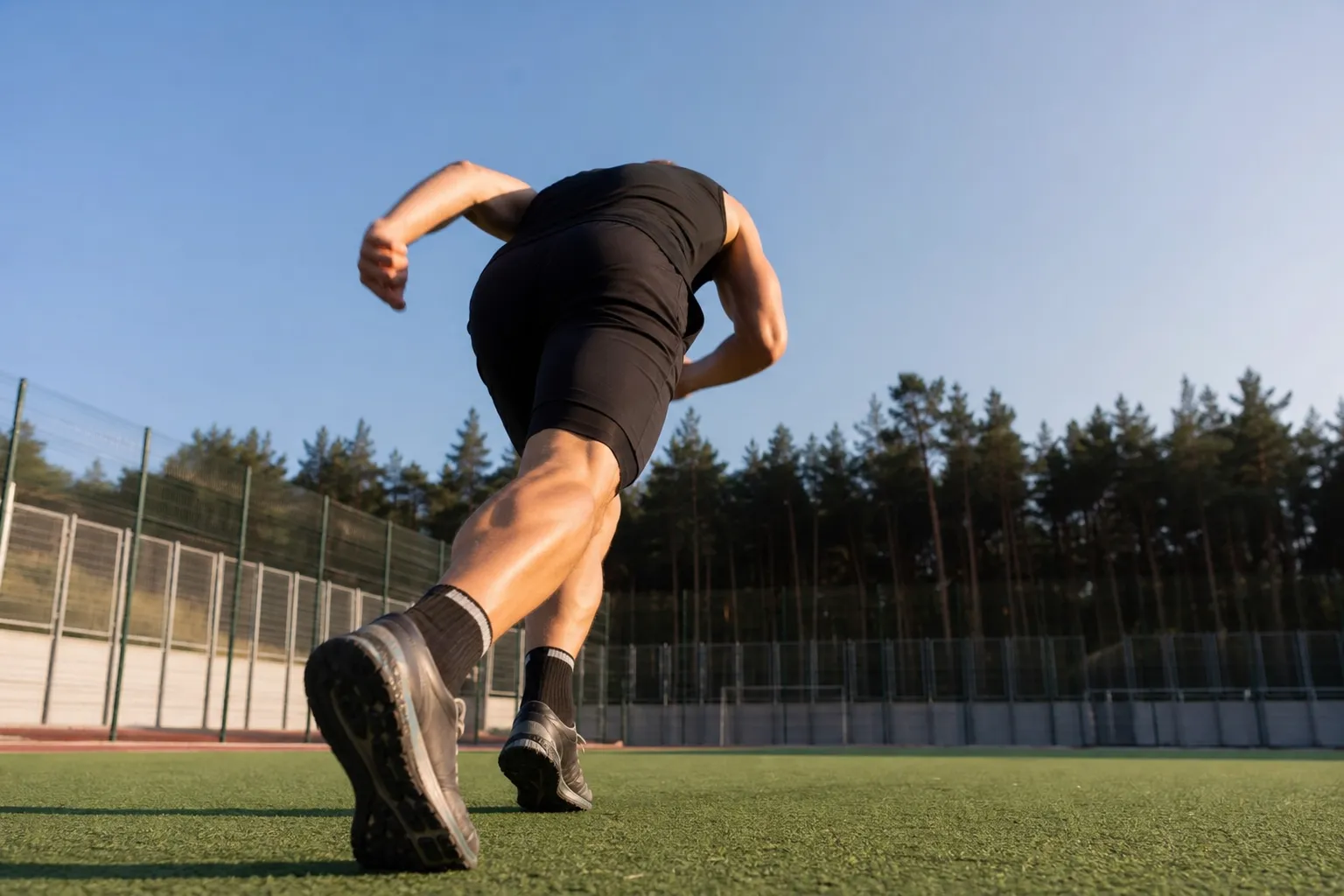 Adulte en plein effort de sprint sur un terrain de sport extérieur