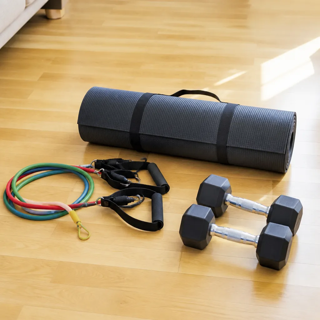 Élastiques de fitness, poids libres et tapis de sol enroulé sur un parquet clair