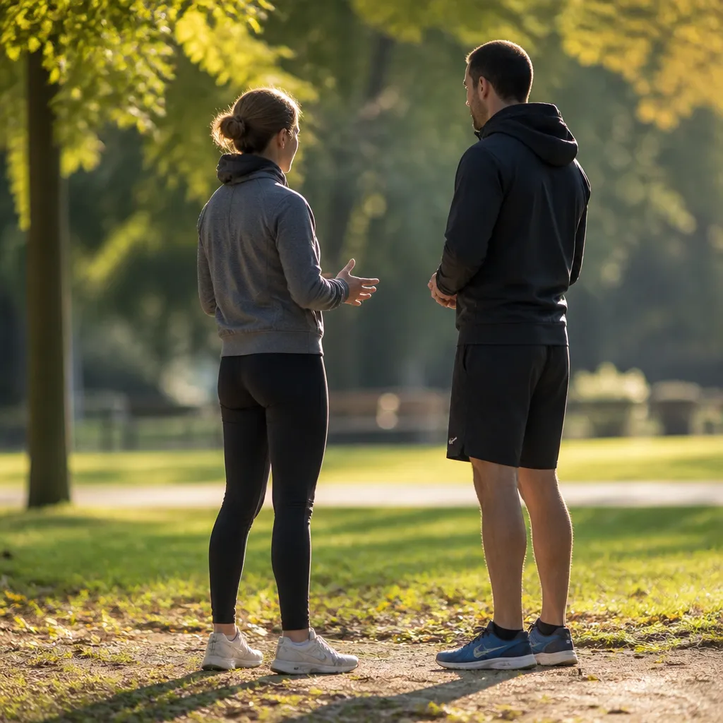 Deux personnes échangeant debout dans un parc avant une séance de sport