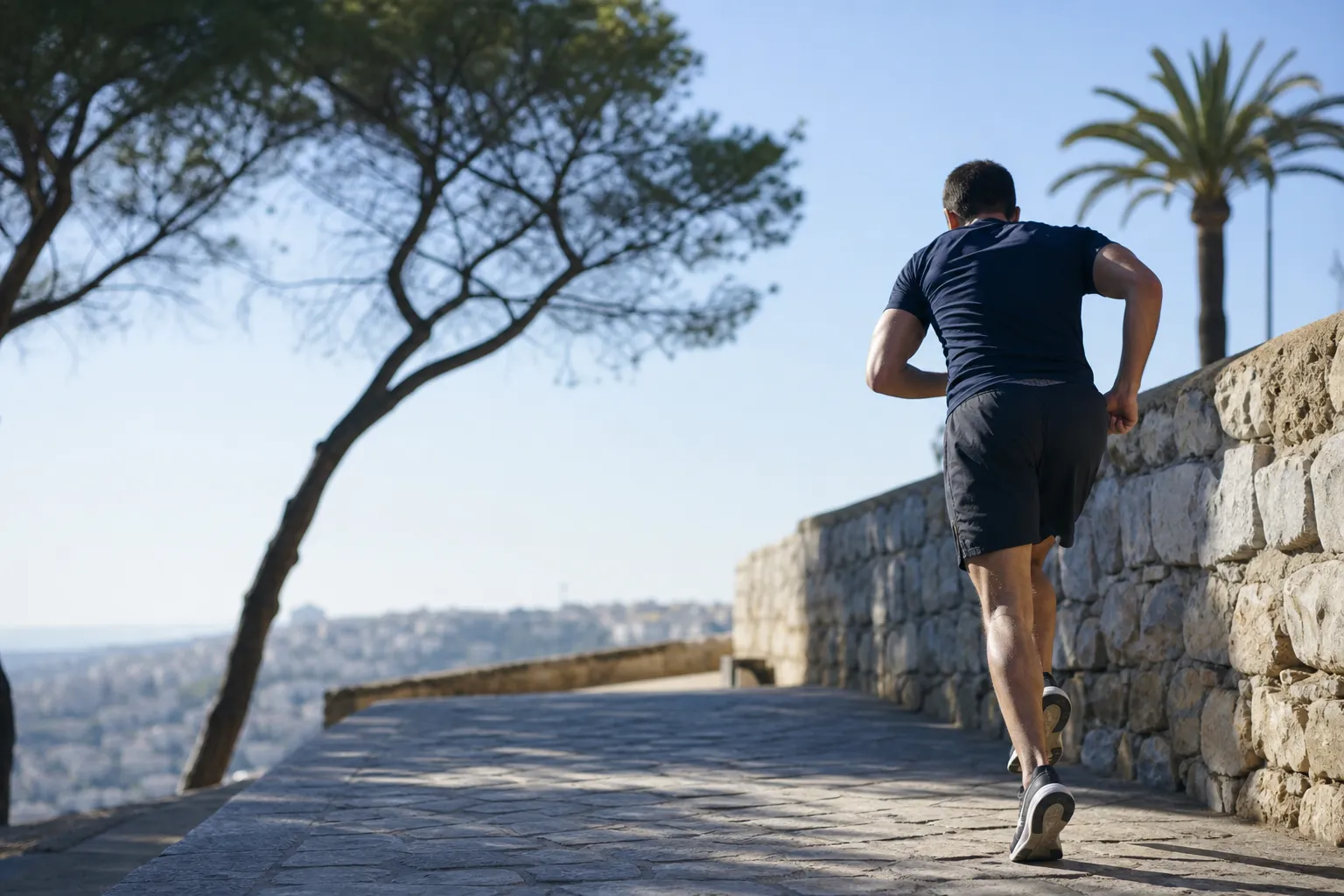 Personne en plein effort de course sur un chemin ombragé d’une ville du sud de la France